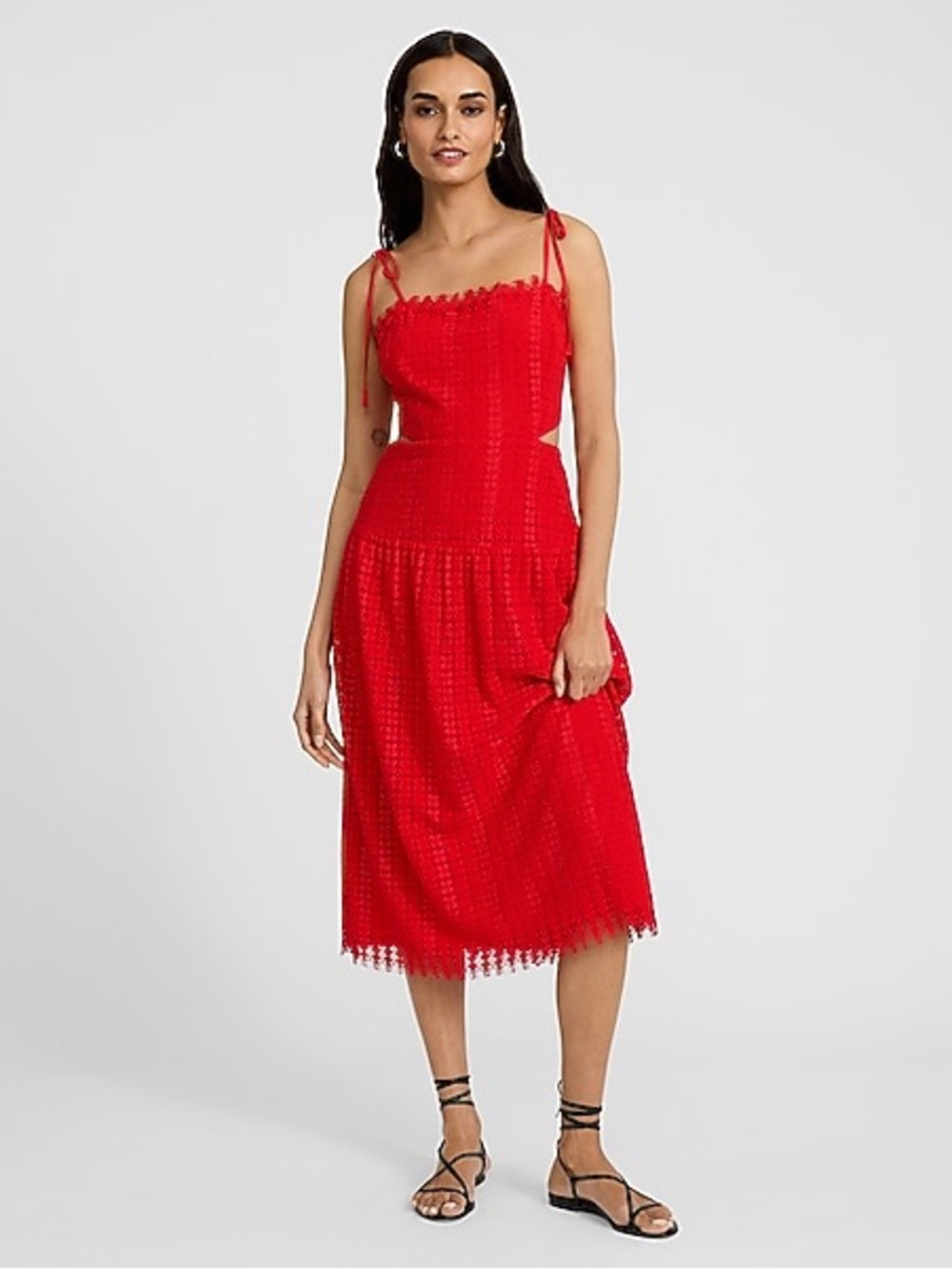 Express Red Eyelet Tie-Shoulder Midi Dress
